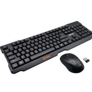 Combo de teclado y mouse inalámbrico Basik Tech color negro con su receptor USB de 2.4 GHz y empaque.