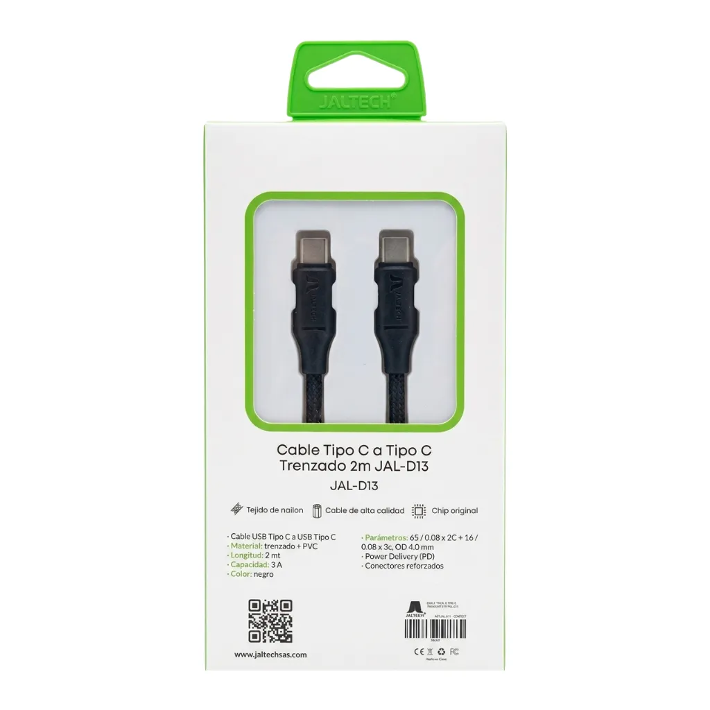 Cable USB Tipo C a Tipo C Trenzado Carga Rápida 65W PD (2 Metros)