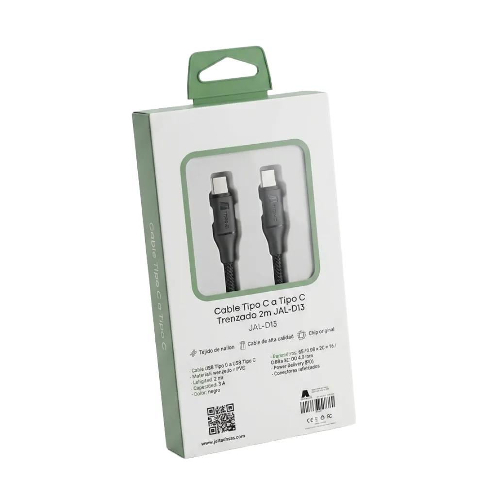 Cable USB Tipo C a Tipo C Trenzado Carga Rápida 65W PD (2 Metros)