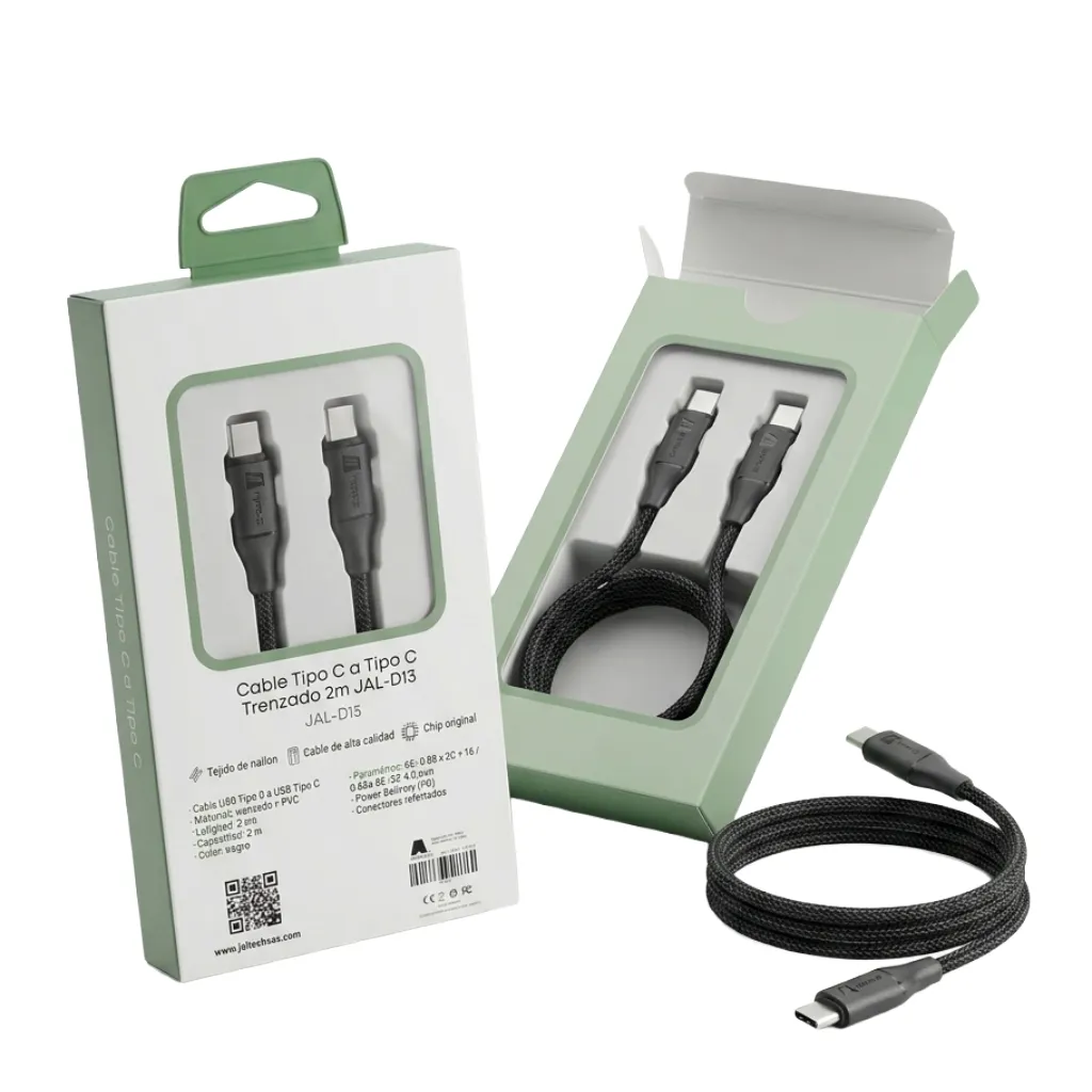 Cable USB Tipo C a Tipo C Trenzado Carga Rápida 65W PD (2 Metros)