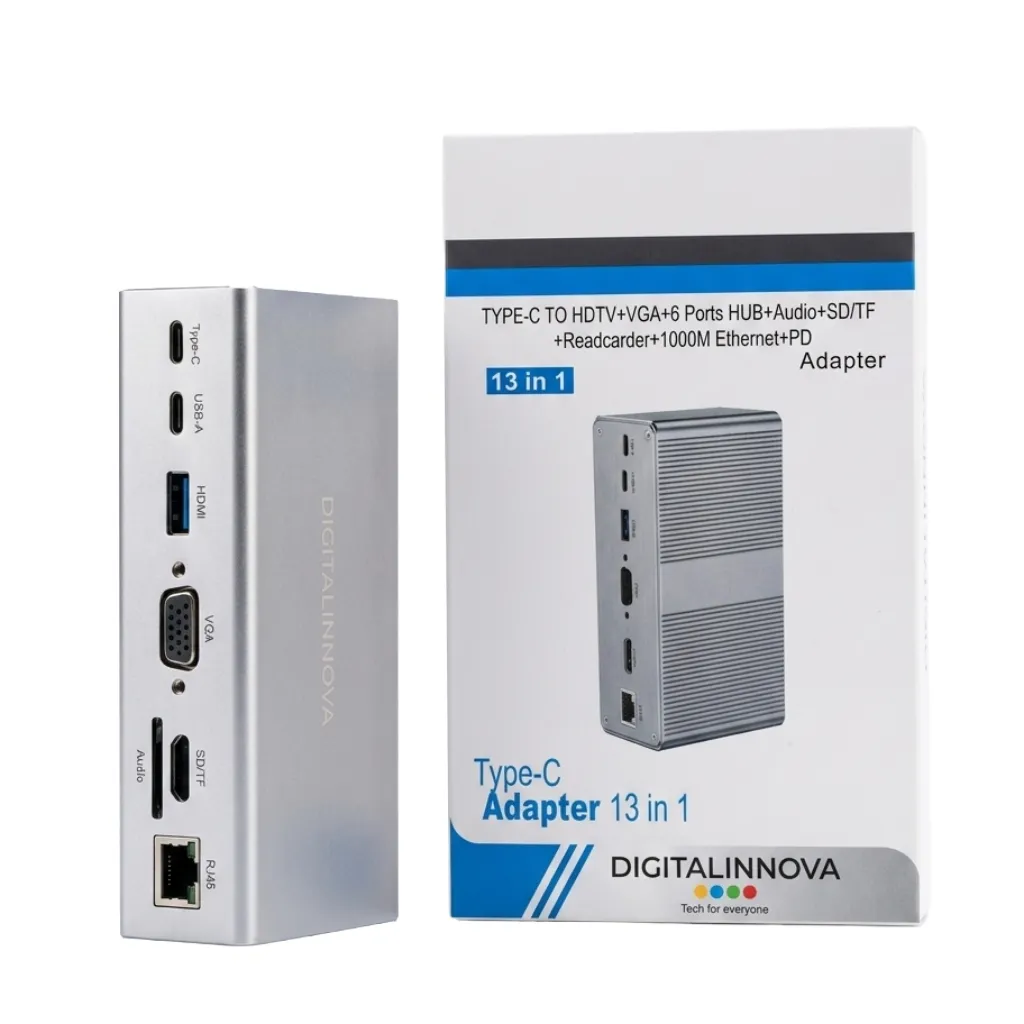 Hub Adaptador USB-C 13 en 1 Multitarea Digital Innova (HDMI, VGA, RJ45, PD)