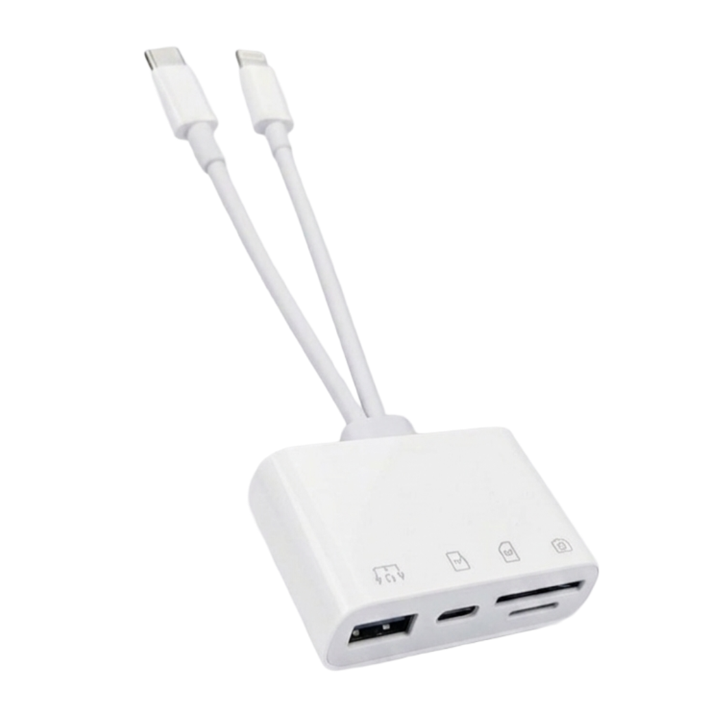 Adaptador 4 en 1 Lector de Tarjetas SD/TF y USB con Doble Entrada Lightning y Tipo C